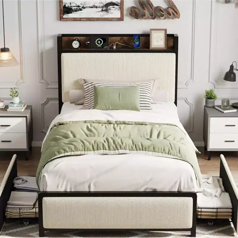 Rustic Linen Upholstered Twin Platform Bed with Storage Headboard, 2 Drawers & Charging Station