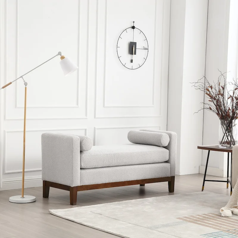 Upholstered Bench Wood Legs and Bolster Pillows