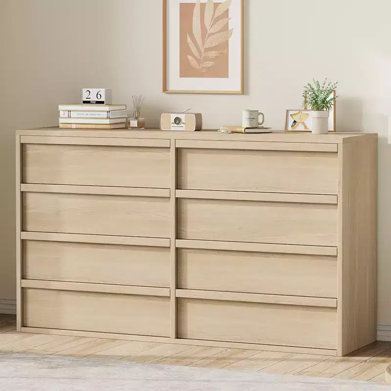 8 Drawer Dresser for Bedroom, 54 Natural Double Dresser Organizer with Concave Handle, Modern Chest of Drawer for Bedroom Living Room Nursery