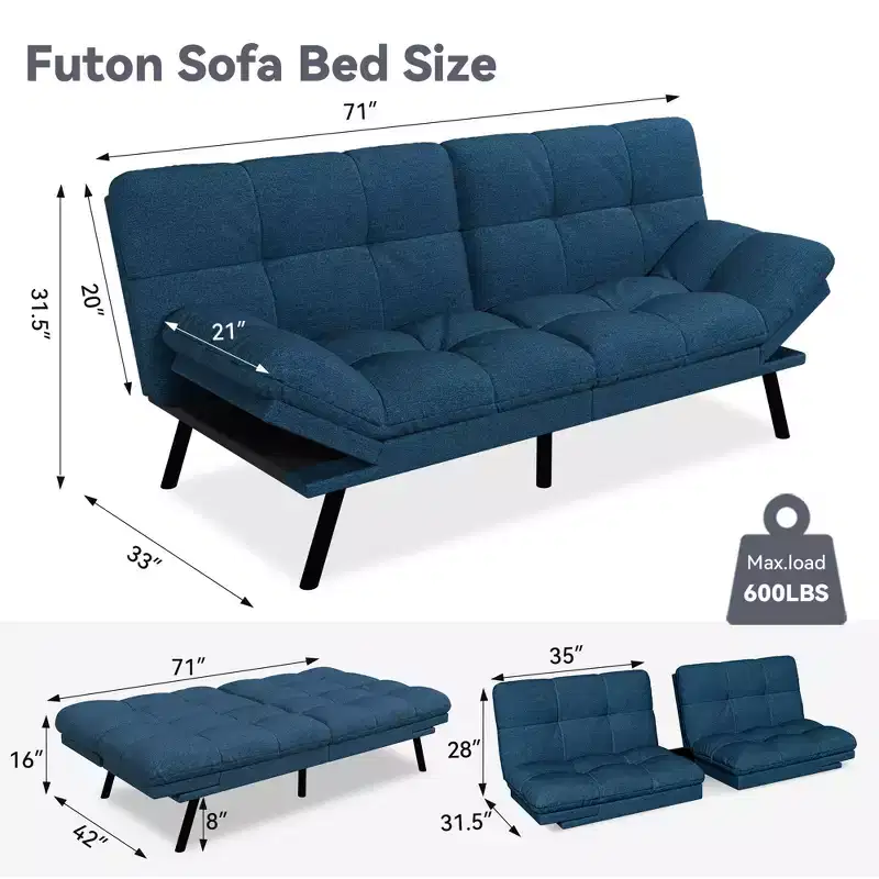 71 Convertible Futon Sofa Bed,Modern Linen Futon Couch with Detachable Cushion,Adjustable Backrest & Armrest