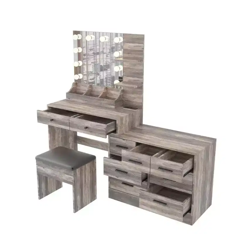 Retro Grey Particle Board with Textured Melamine Finish, 9-Drawer, 2-Tier Shelf, 1-Desktop Storage Dressing Table Set