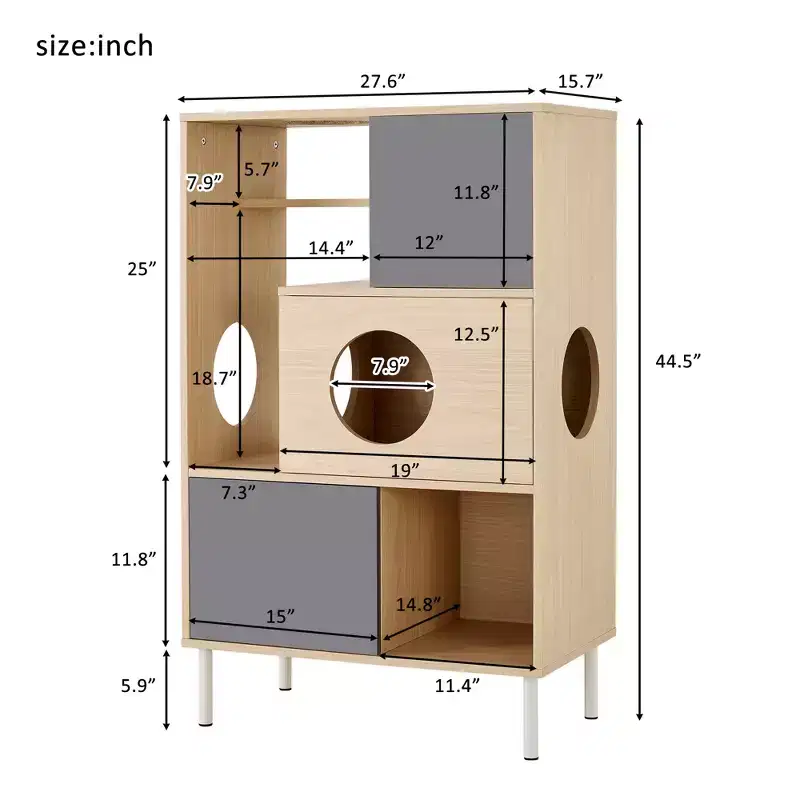 44.5 Tall Bookcase with Storage, Furniture Style Cat Tree Tower, Freestanding Display Cat Tree, Multifunctional Open Bookshelf for Home