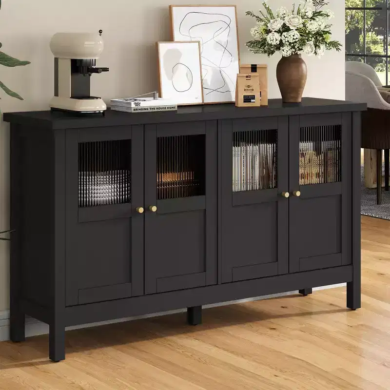 55 in. Sideboard Buffet Cabinet with Acrylic Accents and Adjustable Shelves, Wood Credenza