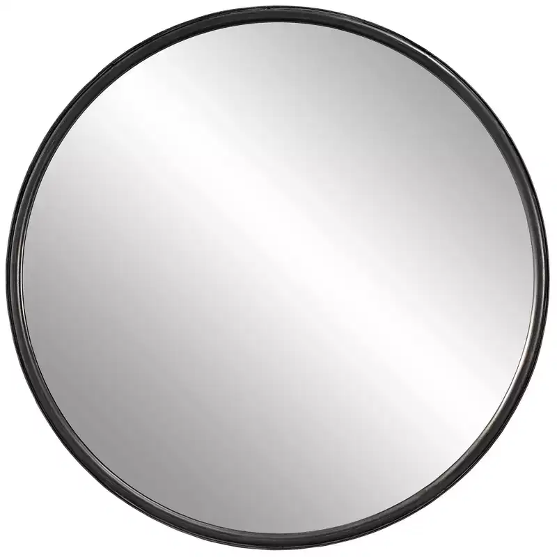 Uttermost Round Vanity Decorative Wall Mirror Modern Aged Black Gray Iron Banded Frame 44 Wide for Bathroom Bedroom Living Room