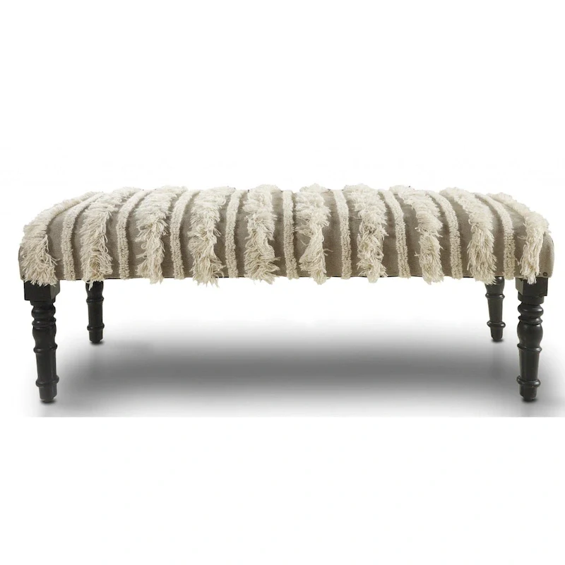 Cotton Upholstered Bedroom Bench with Solid Wood Legs, Striped, Nailhead Trim — 47