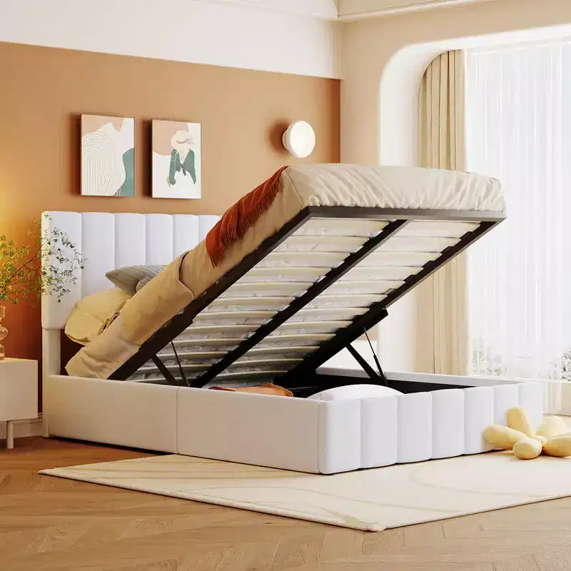 Full/Queen Platform Bed with Hydraulic Storage System, Linen Upholstered Wooden Bed Frame for Bedroom