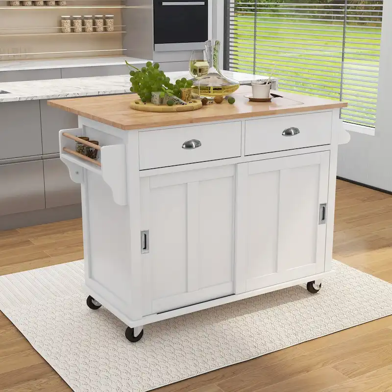 Kitchen Cart with Rubber wood Drop-Leaf Countertop, sliding barn door
