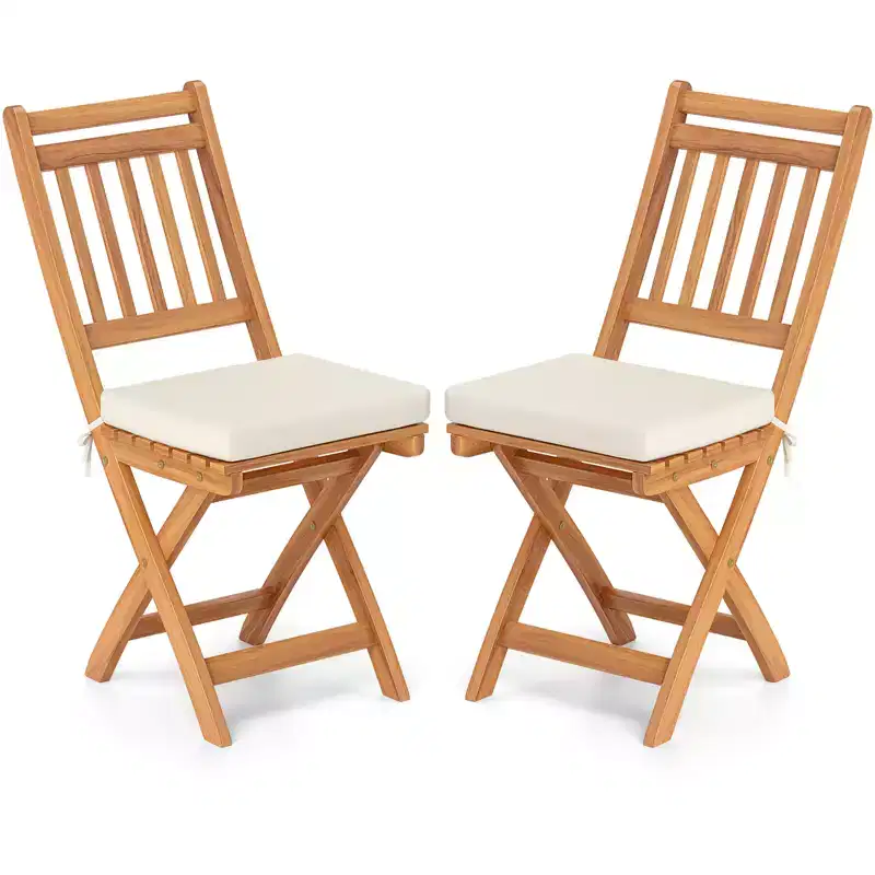 Costway Folding Patio Chairs Set of 2 w/ Slatted Backrests & Soft Seat Cushions