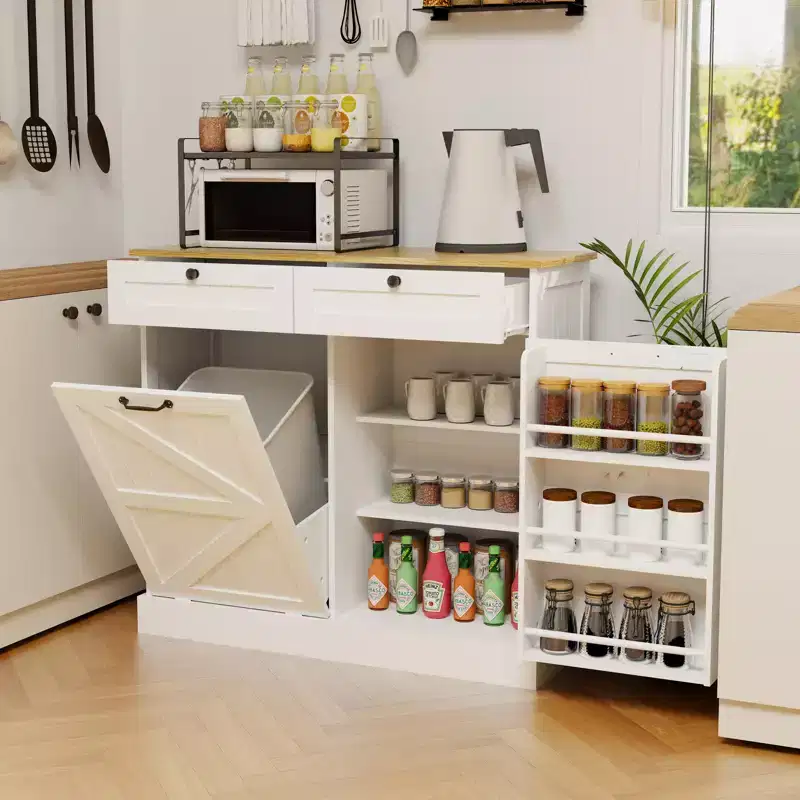 GDFStudio Avalon Trash Can Storage Cabinet with Tilt-Out Design and Drawers