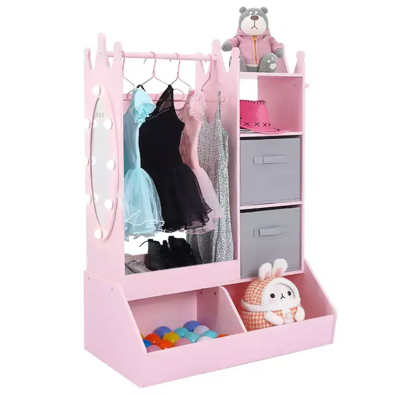 Kids Dress Up Storage, Lighted Mirror Costume Wardrobe Closet with Hanging Armoire & Bins for Bedroom Playroom