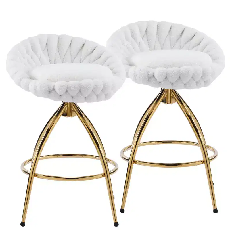 Karl Home 2 Piece Set of White Swivel Bar Stools with Teddy Fleece and Electro - Plated Gold Iron Legs