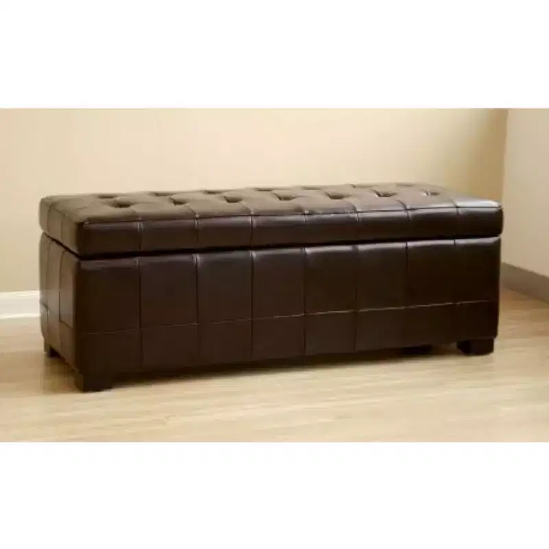 Full Leather Storage Bench Ottoman with Dimples Dark Brown - Baxton Studio
