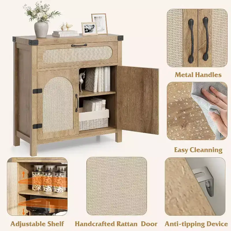 Rattan Sideboard Buffet Cabinet, with Drawer & Farmhouse Coffee Bar for Dining & Living Room, Natural Wood