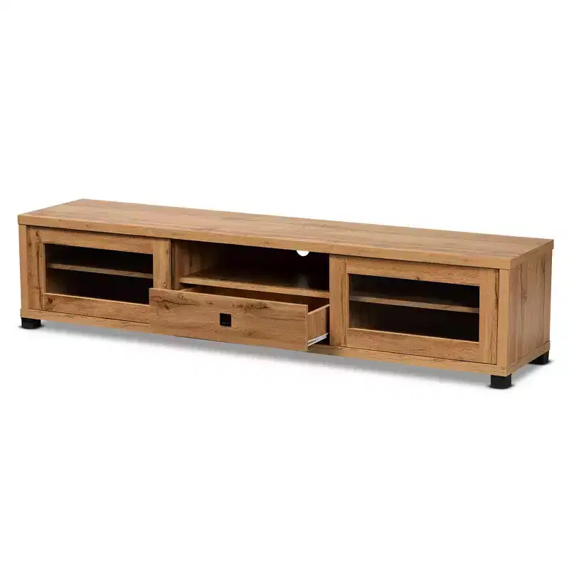 Beasley Wood 1 Drawer TV Stand for TVs up to 65" Oak Brown/Black - Baxton Studio: Media Entertainment Center