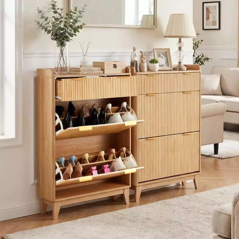 COZONY Narrow Fluted Shoe Cabinet, Slim Double Door Storage Organizer with Adjustable Shelves & 2-Drawer, Compact for Small Spaces