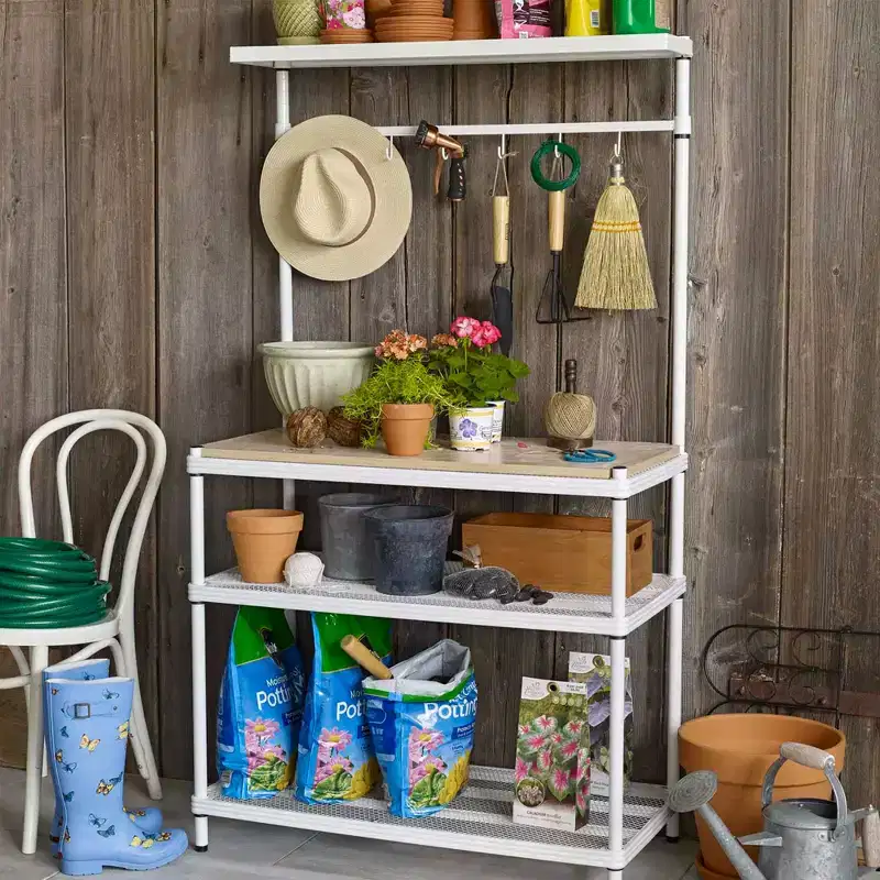 Metal Storage Utility Wood Top Shelving Unit Rack for Garage and Kitchen Storage, 35.4 x 17.7 x 63, White