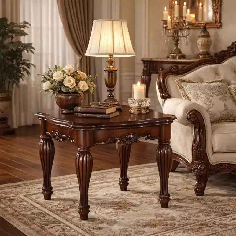 Royal Hampton Square Top End Table With Scrolled Leg And Bottom Shelf, Cherry Brown