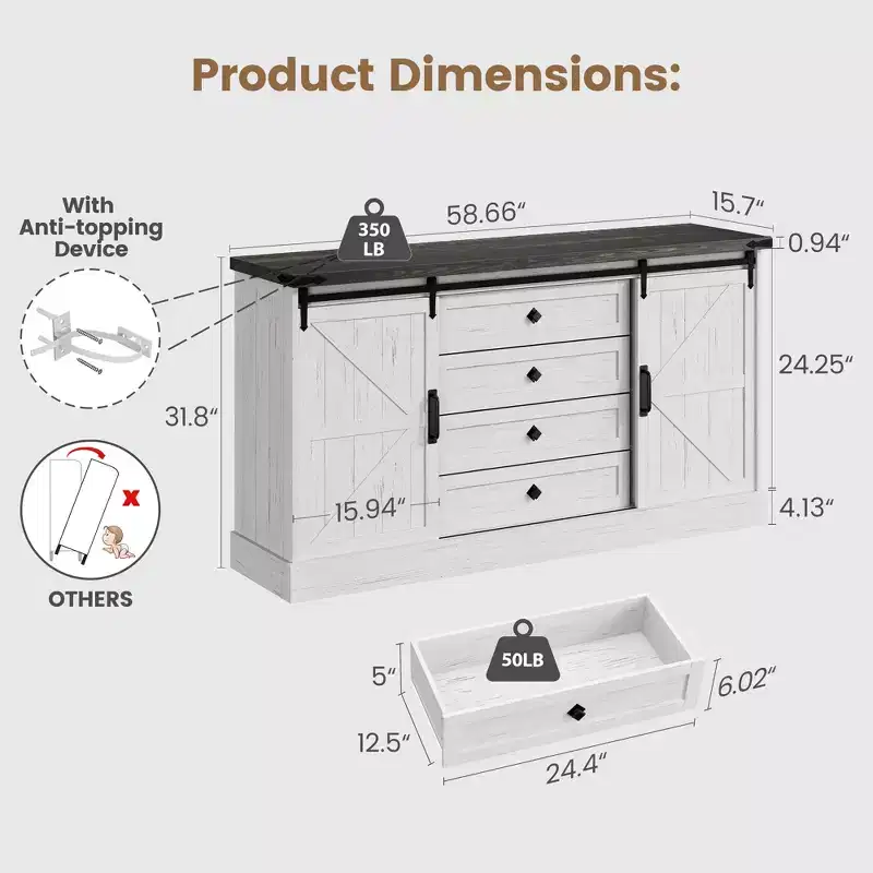 Farmhouse 59 Dresser with Sliding Barn Doors, 4-Drawer TV Stand & Storage Chest for Bedroom or Living Room
