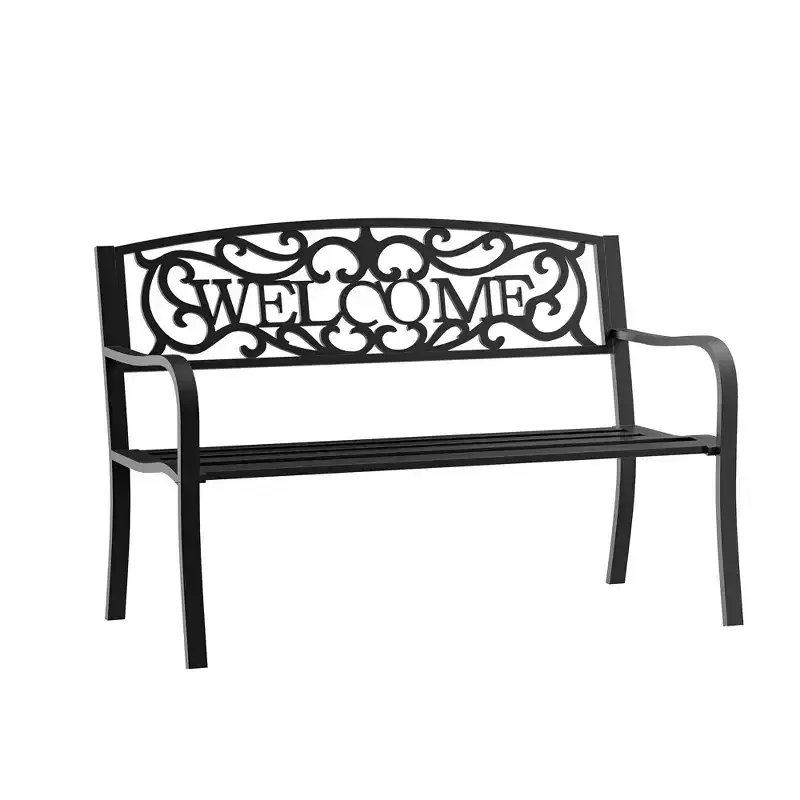 50 Inches Outdoor Metal Welcome Bench, Garden Bench with Slatted Seat, Black Patio Bench