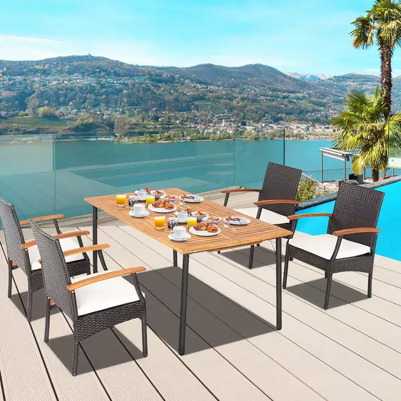 Costway 7PCS Patio Dining Set Cushion Acacia Wood Armrests Table with Umbrella Hole