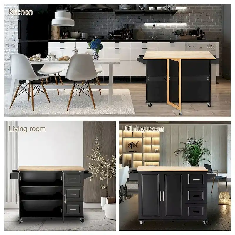 Kitchen Island Cart with Extensible Rubber Wood Top and Locking Wheels