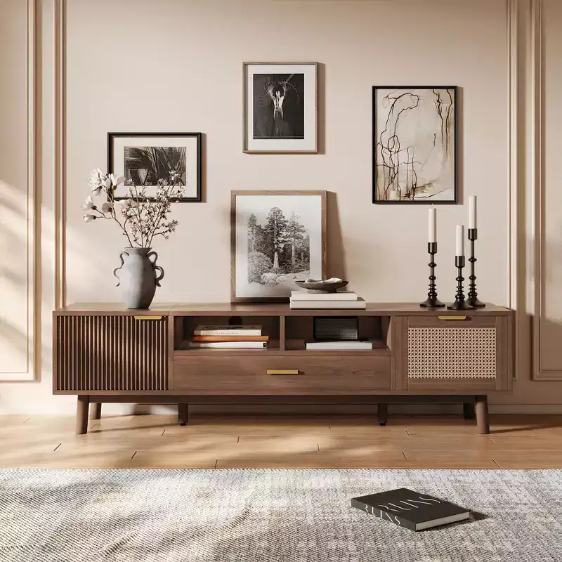 67 Inch Brown Wood TV Stand for 75 Inches TVs TV Cabinet with Soft-Closing Door and Drop-Down Door Cabinet for Living Room Bedroom