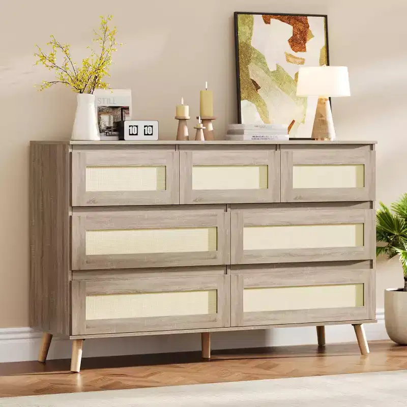 Wood Dressers for Bedroom with 7 Drawers, Wide Modern Chest of Drawers for Living Room, Hallway, Wooden Closet Dressers with Rattan Drawers