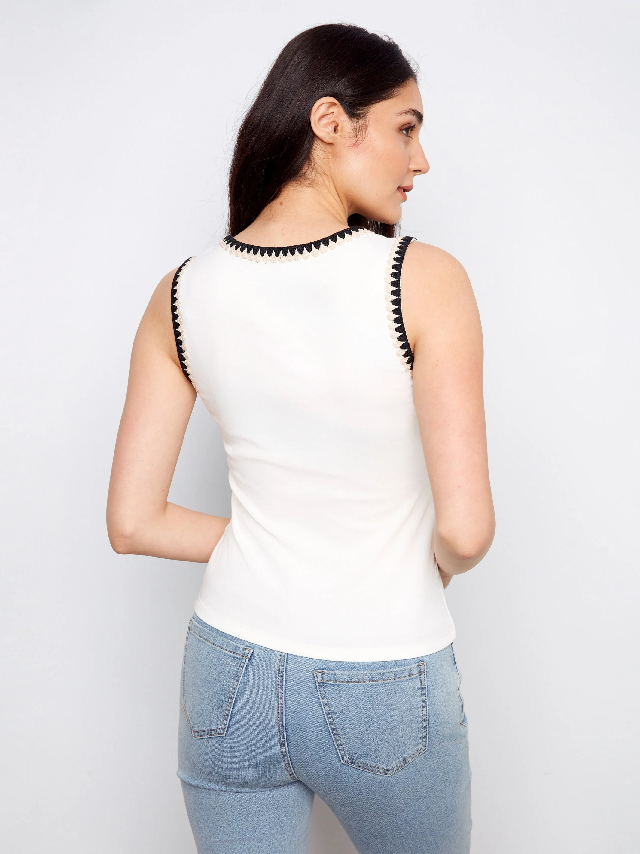 Knit Tank Top With Crochet Detail - Ecru