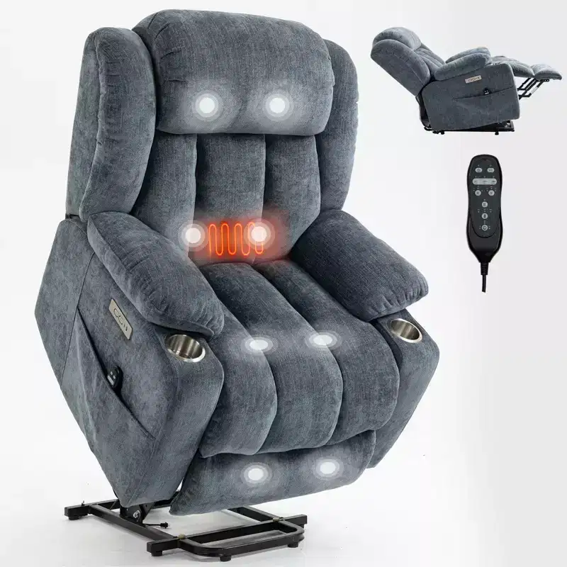 CLIHOME Chenille Power Lift Recliner Chair, Heavy Duty Motion Mechanism with 8-Point Vibration Massage and Lumbar Heating, USB and Type-C Ports