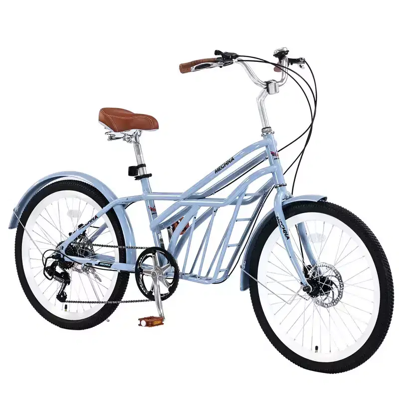 Okak 24IN Cruiser Bikes with Large Basket, 6 Speed Adult Bike with Steel Frame and Disk Brake, Commuter Bike for Men and Women