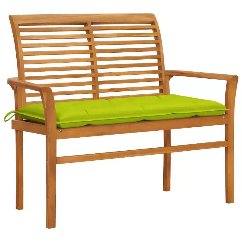 Patio Bench Natural wood, bright green cushion Smooth teak hardwood
