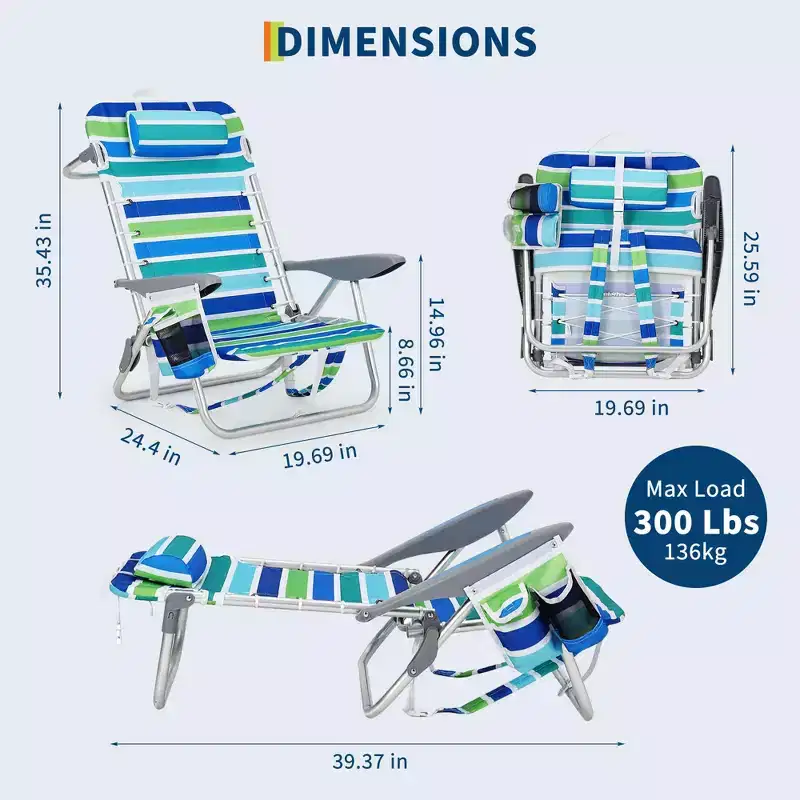 Lightweight 2 Pack Suspension Beach Backpack Chairs, 5-Position Adjustable Lay-Flat Seat, Cup Holder & Phone Pocket, Portable Camping Patio Furniture