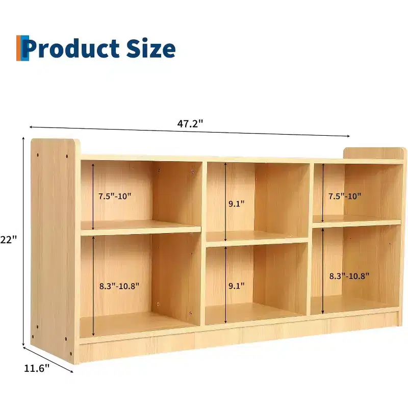 6 Compartment Toy & Book Organizer with Adjustable Dividers, Natural Finish Kids' Bookcase for Playrooms & Classrooms