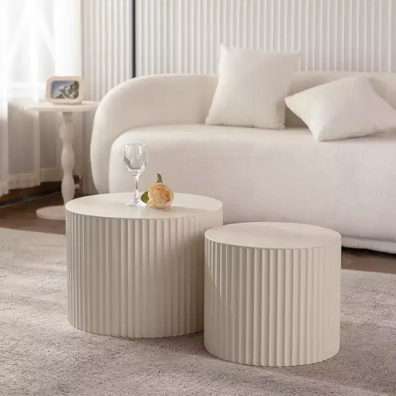 Set of 2 Beige Nesting Drum Side Tables with Wave Stripe Design for Living Room or Bedroom