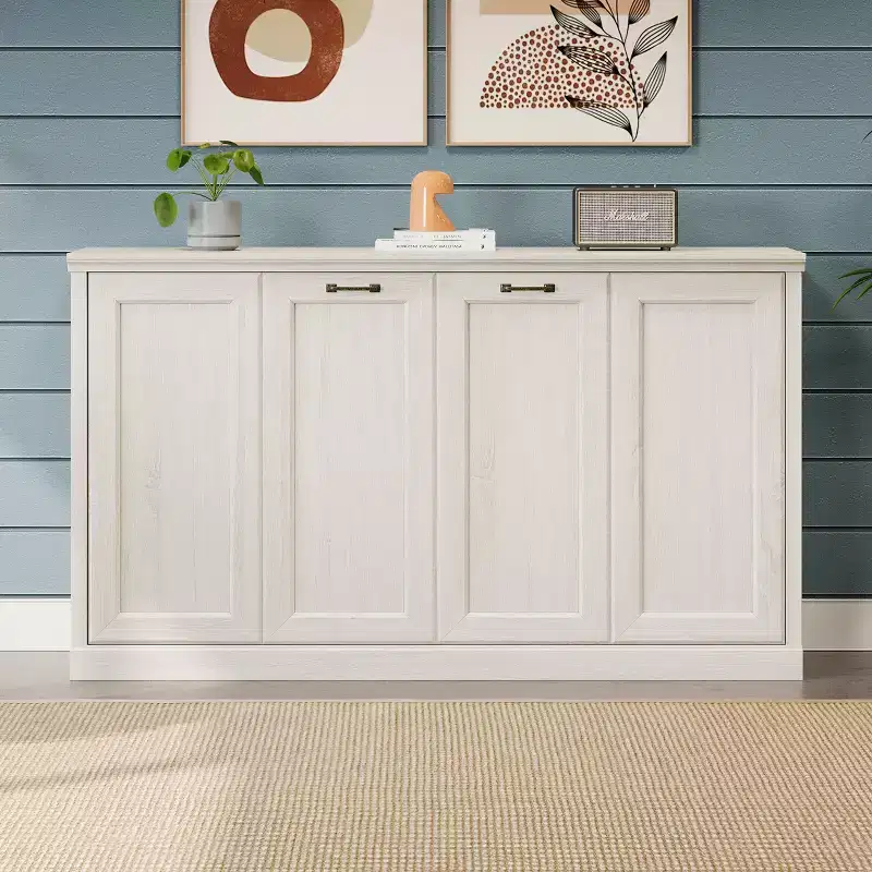 Twin Size Murphy Wall Bed with Side Cabinet & Bookshelf, Folds into Cabinet, Rustic White
