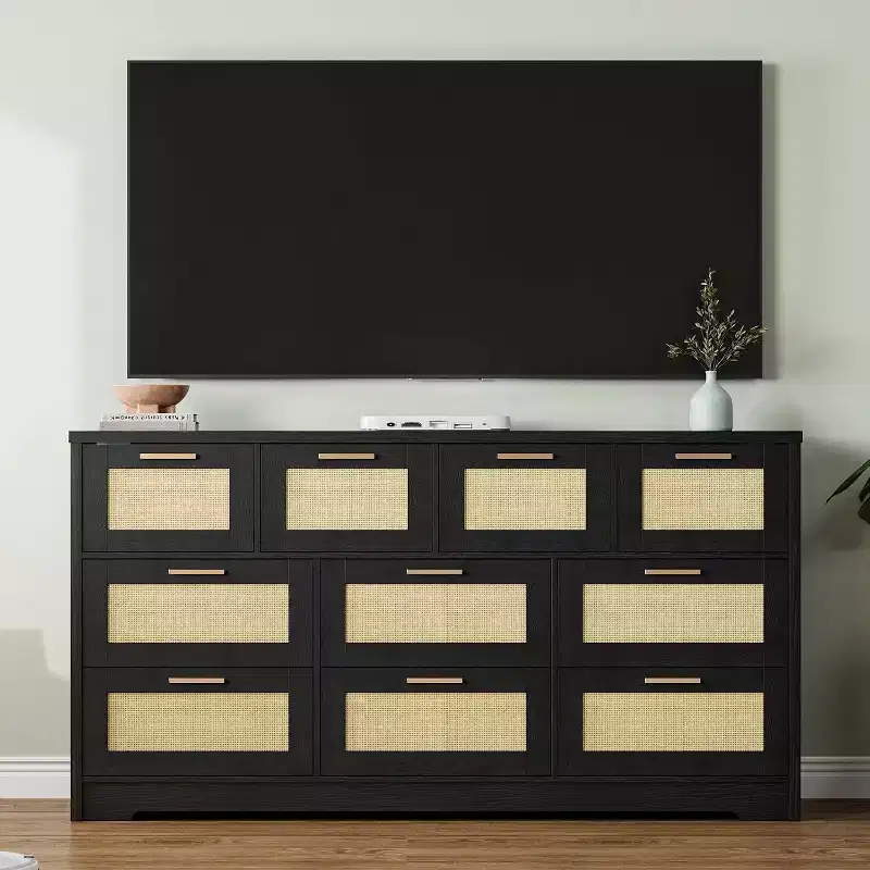59-Inch Rattan 10-Drawer Farmhouse Chest of Drawers with Anti-Tipping Device for Home Office and Closet