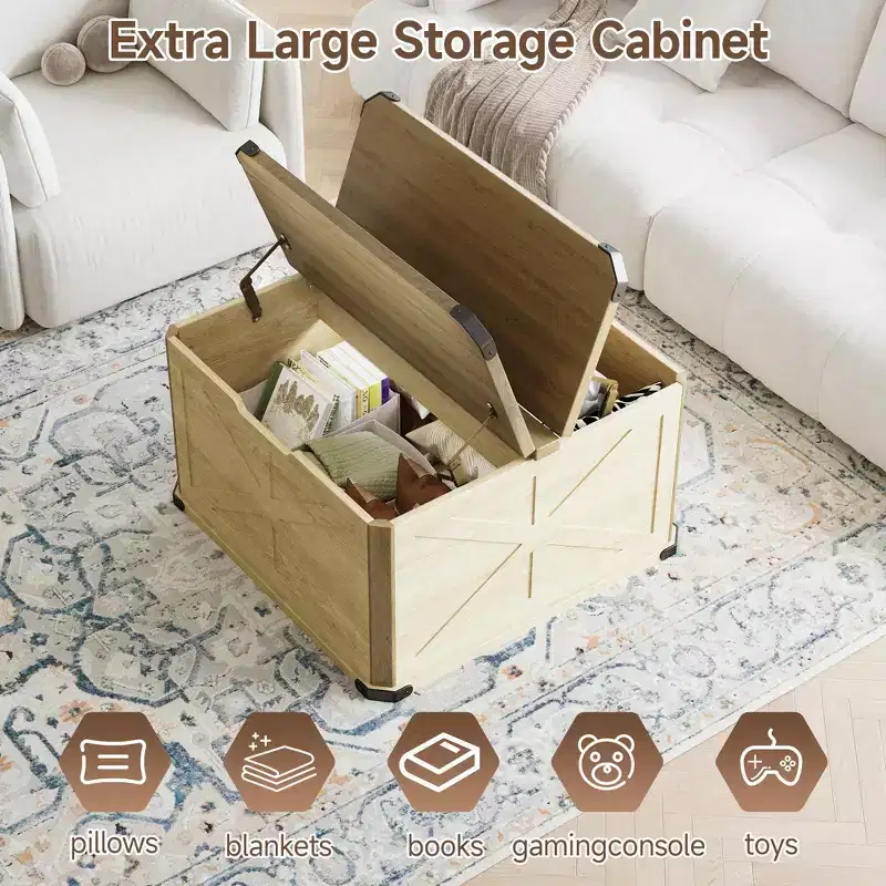 TYBOATLE 32 Farmhouse Coffee Table with Storage, Wood Lift Top Toy Chest & Blanket Trunk, Rustic Square Center Table for Living Room, Brown