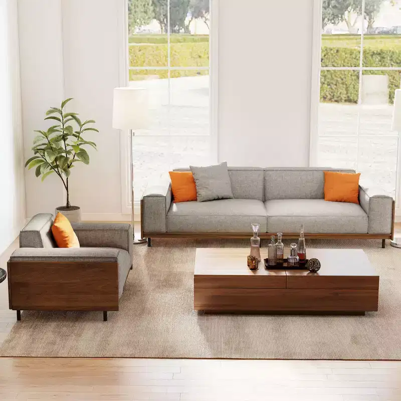 Modern Mid-Century 2-Piece Living Room Furniture Set - Upholstered 3-Seater Sofa & Armchair with Wood Accents - Light Gray Gaoyangjiaju