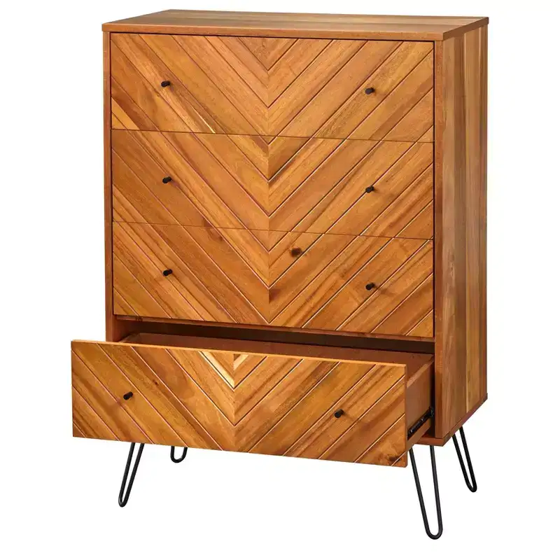 4-Drawer Chest Oak Chevron Acacia Veneer Hairpin Legs 47.3