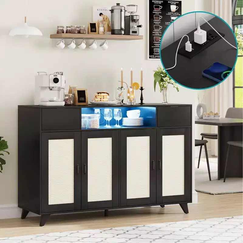 COZONY 2-Drawer Rattan Cabinet with Storage, Boho Sideboard Buffet with Wood Frame for Living Room Dining Room Hallway