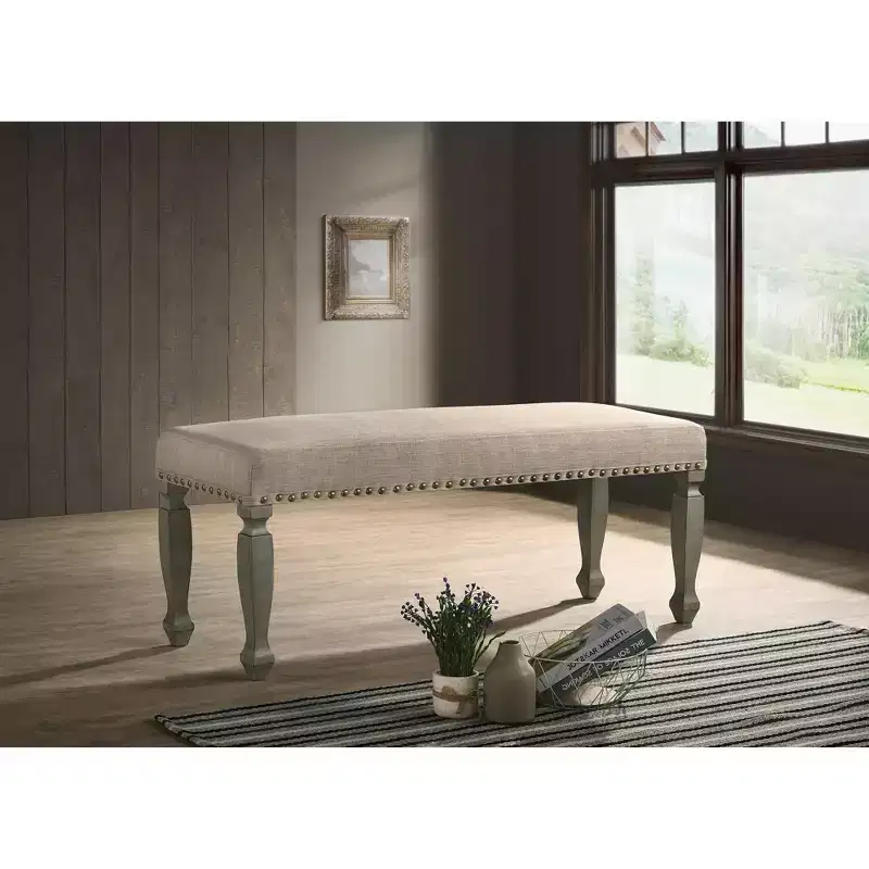 Upholstered Nailhead Bench, Antique Gray Finish, 48.62