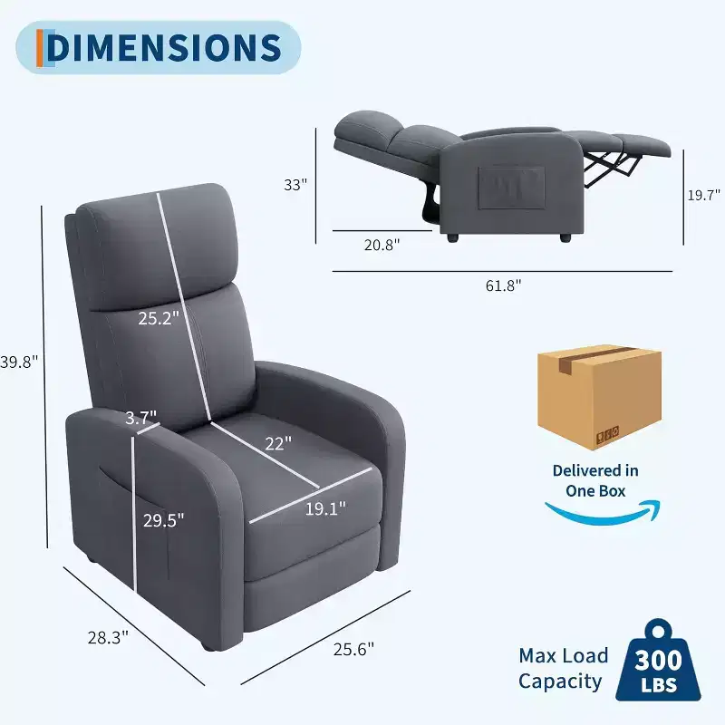 Linen Fabric Manual Recliner Chair, with Side Pocket, High Backrest, Thick Cushion, Adjustable Push Back Recliner, Lounge Chair for Living Room, Gray