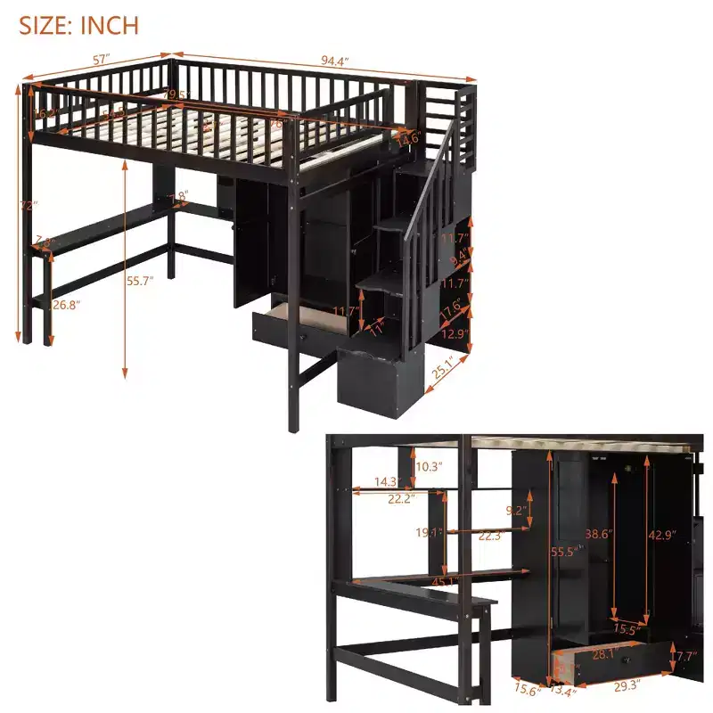 Full Size Loft Bed with Wardrobe and Built - in Desk, Solid Wood High Staircase Loft Bed Frame with Storage Bookshelf for Kids