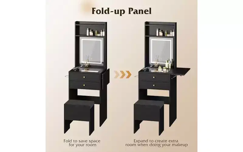 DEXYLLO Small Vanity Desk with Mirror and Adjustable Lights, Makeup Vanity Set with Fold-up Panel and Chair