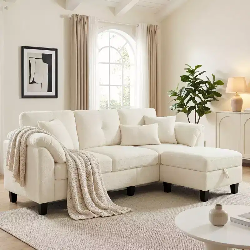Dyonery 76.4-inch Modern Style Three-seater Sofa with Armrests and Pillows in Chenille Beige