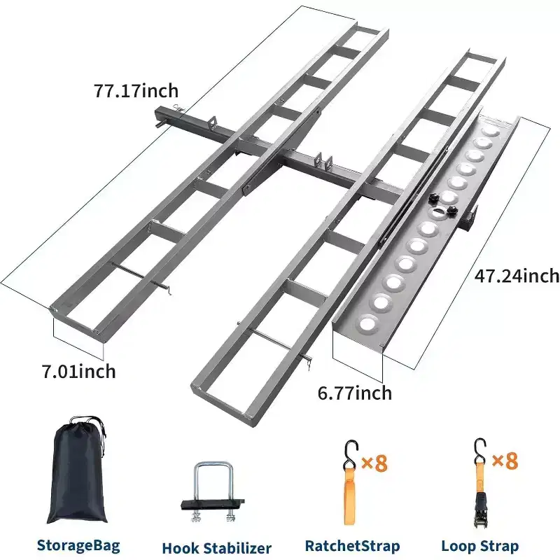 Ultra-Duty 600lbs Motorcycle Hitch Carrier Rack  Arched Non-Slip Ramp, Anti-Wobble Stabilizer, Quick-Connect, Fits 2 Hitch, 8 Tie-Down Kits