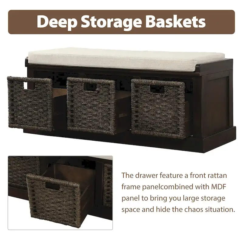 Entryway Bench with 3 Removable Rattan Baskets