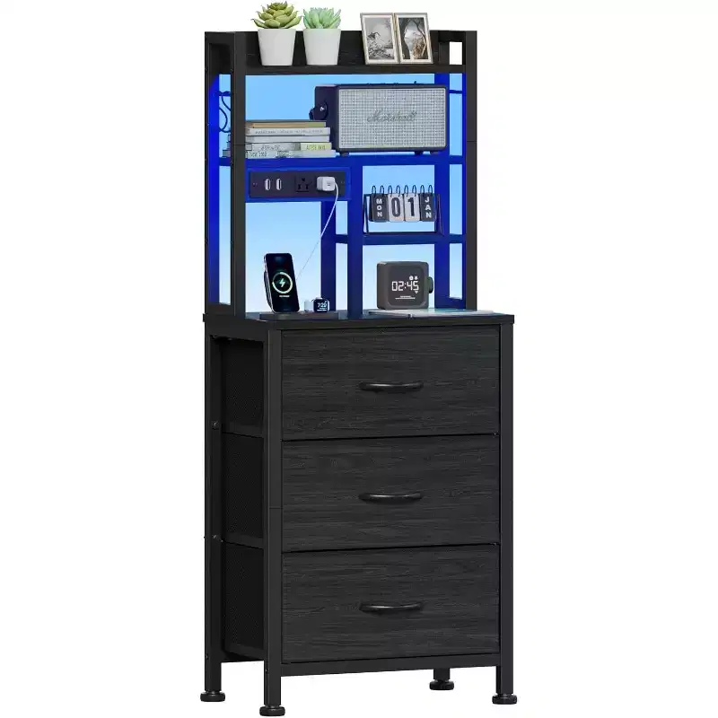 Qwatto 45.3in Tall Bedside Table with USB Charging Station and Light 3 Fabric Drawer Nightstand Bookshelf for Small Space Bedroom Dorm Black Finish