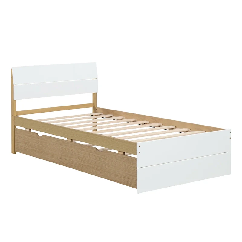 White + Light Oak Twin Bed Frame with Trundle – Sleeps 2