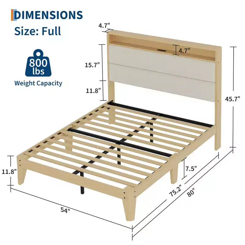 Coolmee Upholstered Boucle Bed Frame with RGB LED Light and Charging Station, 2-Tier Storage Headboard and Sturdy, Wooden Slats Support